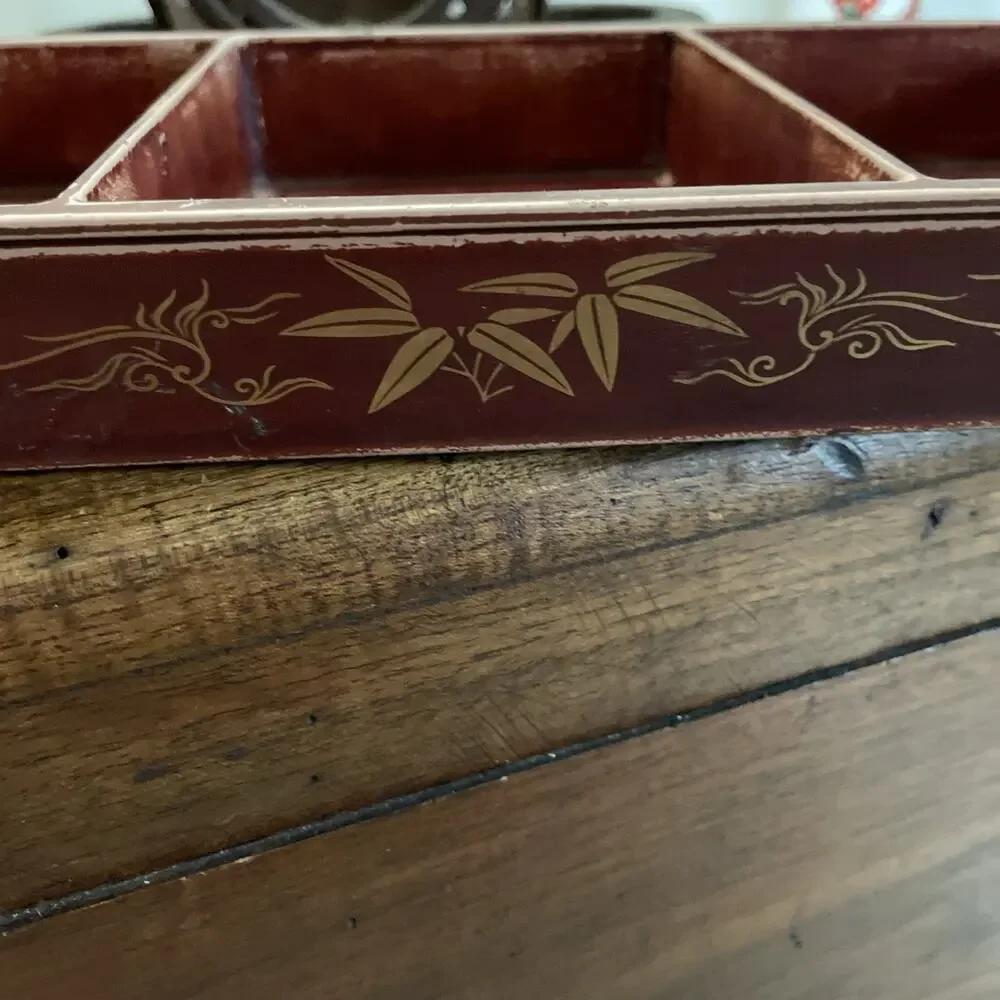 Vtg Baruni Japanese Lacquerware 3 Section Tray Painted Metal Burgundy Gold